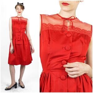Vintage 50s/60s Red Sleeveless Party Dress Illusion Bodice Vicky Vaughn | XS/Sm